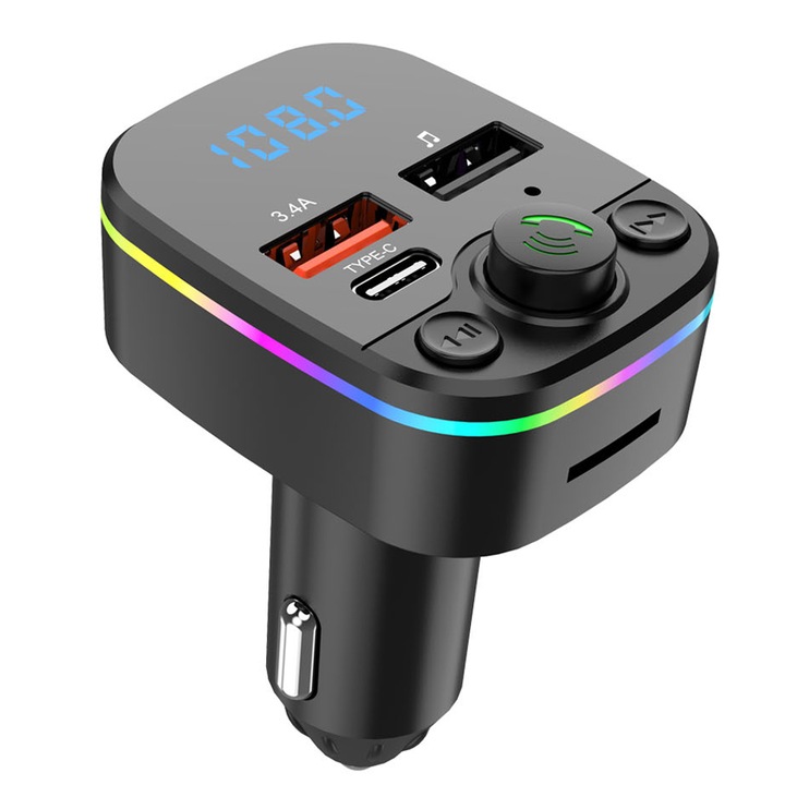 Modulator FM, Fastlane, Bluetooth 5.3, cu functie de incarcator auto, Type C, Microfon extern, Afisaj Digital, Lumini RGB