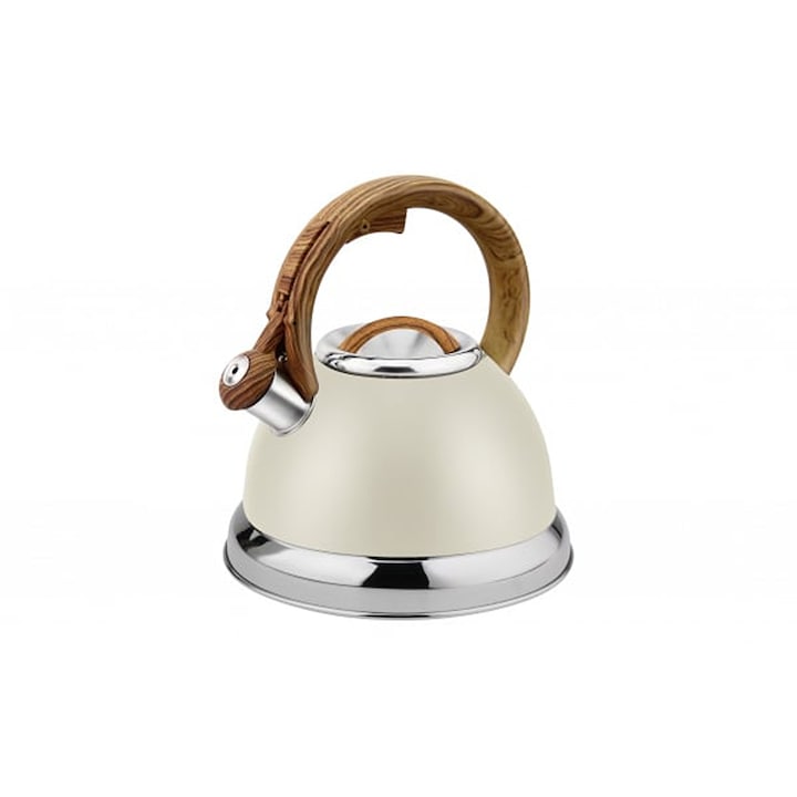 Ceainic inox cu fluier, 3,5 L, design retro, finisaj crem polishat, capac cu maner ergonomic, Brivoo®