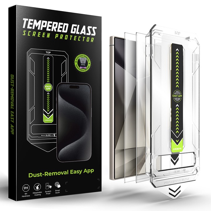 Pachet 2 buc Folie Sticla pentru Samsung Galaxy S24 Ultra Daden TitanGlass, Kit de instalare usoara si rapida cu dispozitiv de potrivire automata, Protectie Profesionala, Ultra Rezistenta, Transparenta