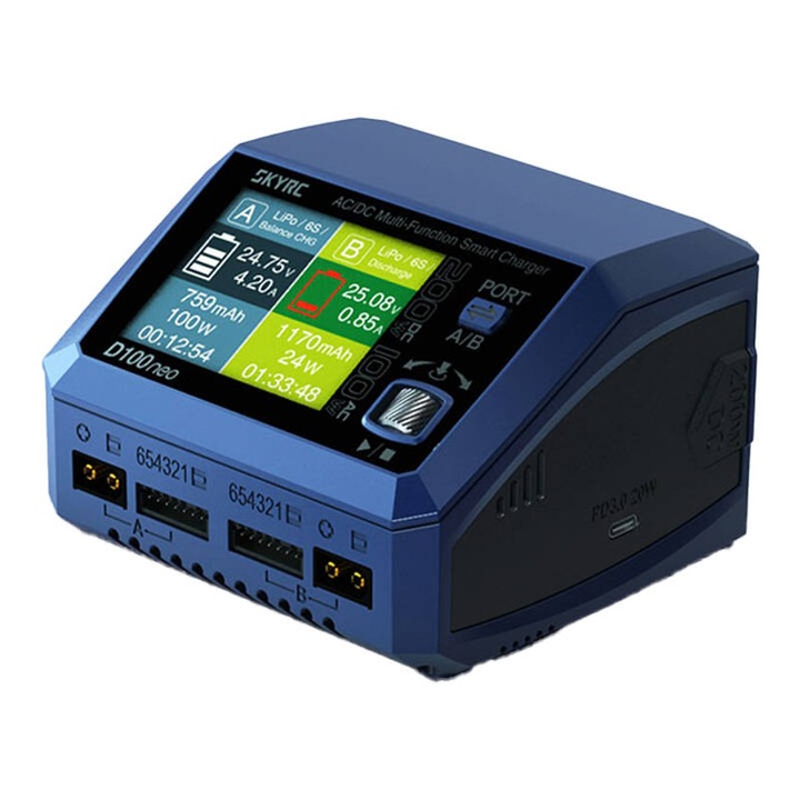 Incarcator SkyRC D100neo, 2 porturi, 200W, USB-C, 116x110x79mm