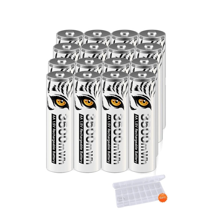 Set 16 Baterii Reincarcabile AA, Incarcator cu LCD, 8 Sloturi de Incarcare, Capacitate 3500mWh, 14.5mm x 50.5mm