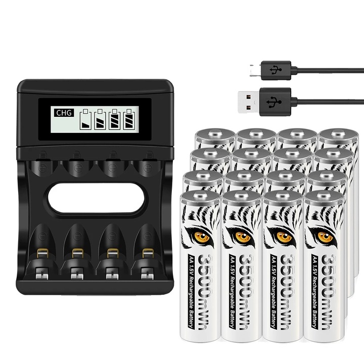 Set 16 Baterii AA Reincarcabile 1.5V cu Incarcator, Capacitate Mare, Compatibilitate Versatila