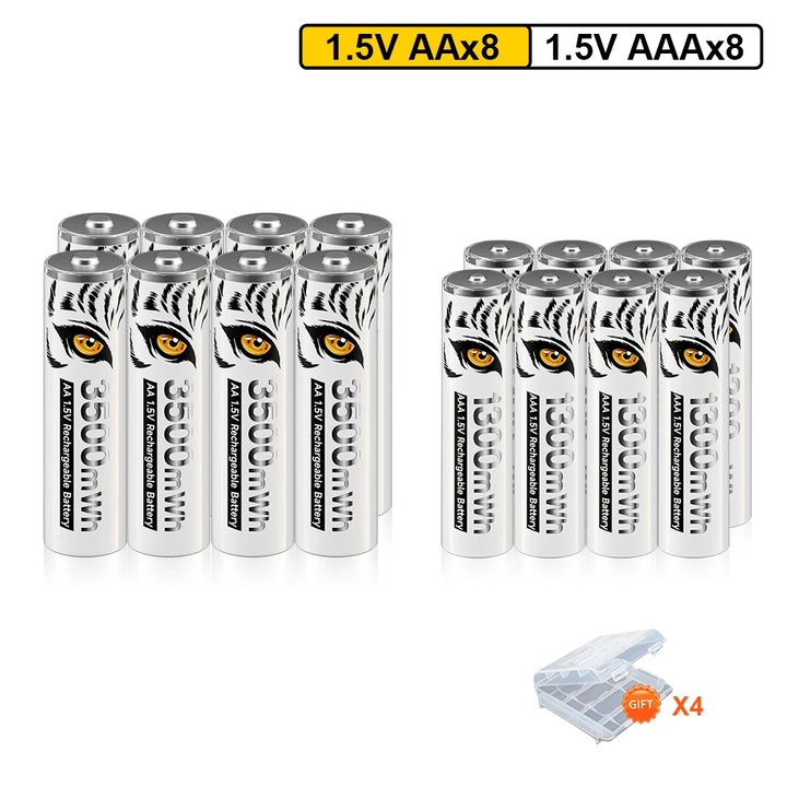 Set baterii reincarcabile 8xAA, 8xAAA, 1.5V, capacitate mare, compatibilitate versatila