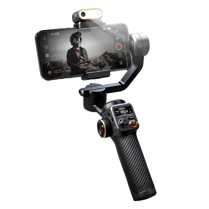 Gimbal okostelefonhoz, 3 tengelyes stabilizátor, 360°-os forgatás, OLED kijelző, Egykezes markolat, 6,35 mm-es állványmenet, Portugál nyelvű alkalmazás, Fekete