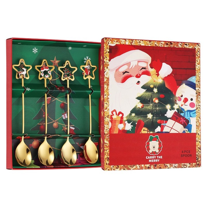 Set 4 Lingurite, Tema Craciun, Model Carry The Merry, 4 Modele Tip Pandantiv cu Steluta, din Otel Inoxidabil, 19 x 16 x 2 cm, Multicolor