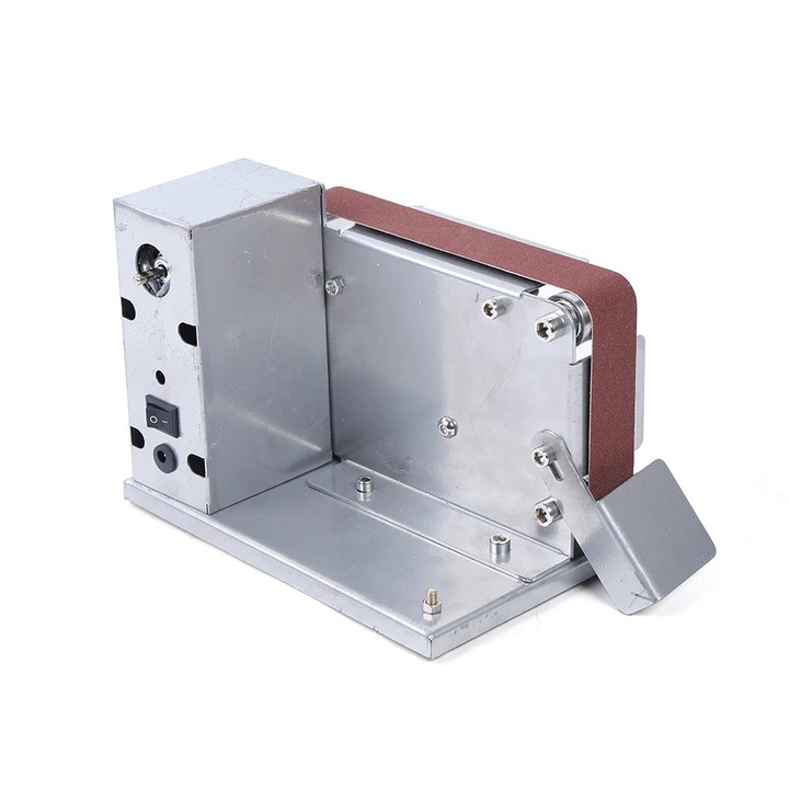 Szalagos csiszoló, asztali modell, 200 W, 7 sebességfokozat, 4500–9000 ford./perc, állítható asztal 45°, 24–220 V, 10 szalaggal