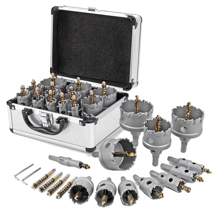 Set 16 Piese, Kit Panze de Gaurit, Dimensiuni 16mm-57mm, Carbura, Accesorii Inclusiv