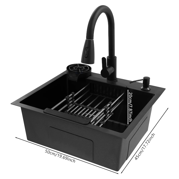 Chiuveta bucatarie, robinet retractabil, 50x45cm, Argintiu