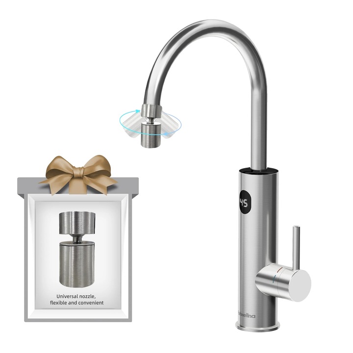 Azonnali melegvíz csaptelep, felhasználóbarát kialakítás, szálcsiszolt ezüst, csapra szerelhető, 3200 W