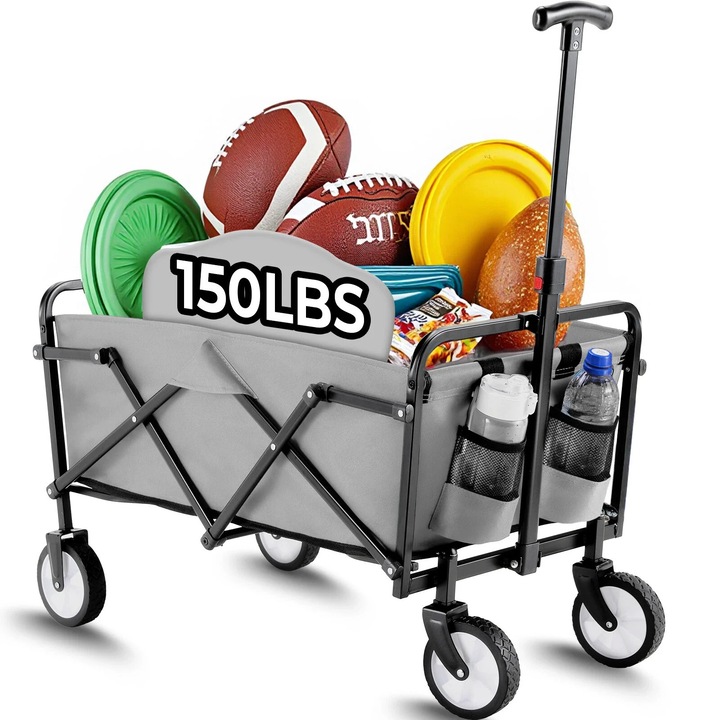 Carucior pliabil, gri, 73x47x24 cm, capacitate 68 kg, maner reglabil, cu 4 roti