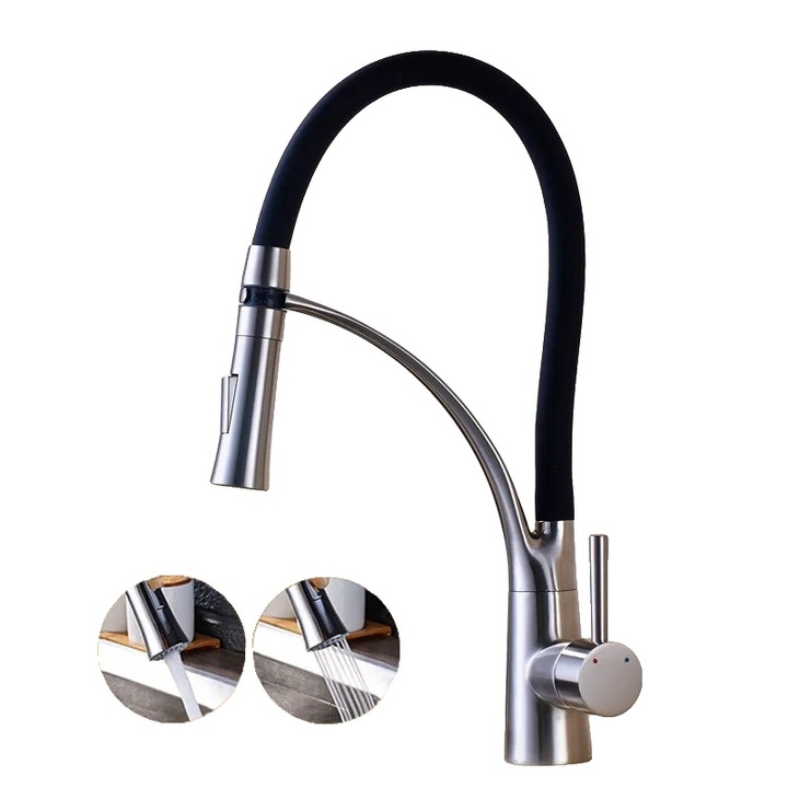 Konyhai csaptelep, pultra szerelhető, egykaros, szálcsiszolt felülettel, 360°-ban forgatható