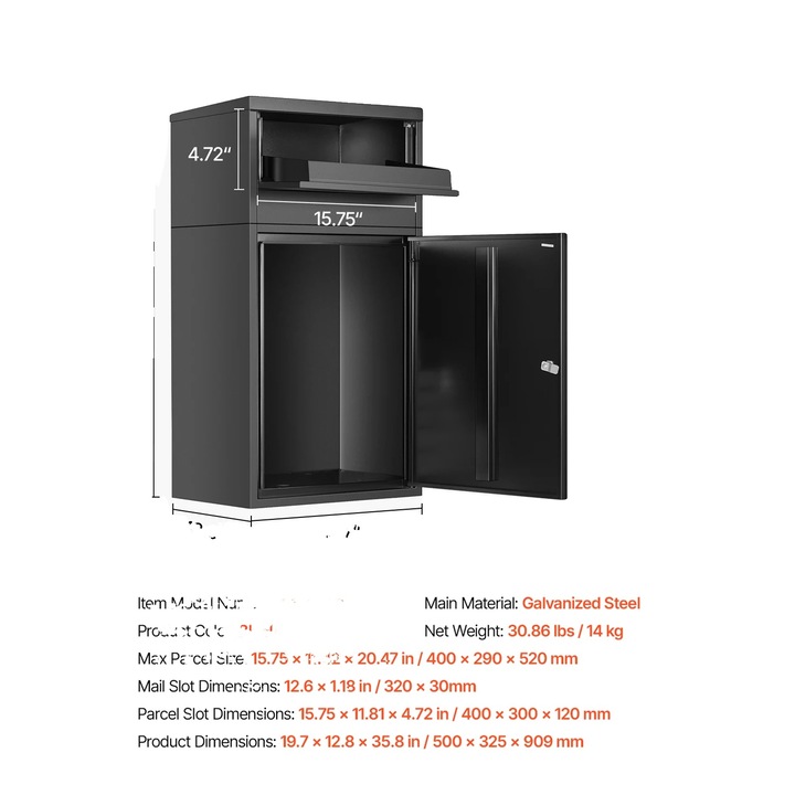 Postaláda, 36 hüvelykes, lopásgátló kialakítás, időjárásálló, méretek 49x39x97 cm