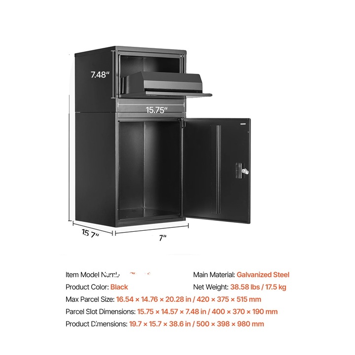 Cutie postala, 39inch, design anti-furt, rezistent la intemperii, dimensiuni 19.7x15.7x38.6in