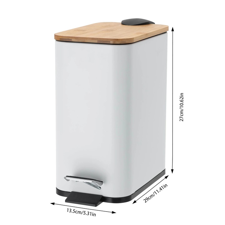 Cos cu pedala, Cos de gunoi 5 l, Dreptunghiular, Pedala la picior, Fier/Plastic/Bambus, Pentru baie si bucatarie, Alb