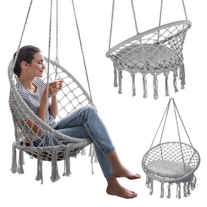 Leagăn suspendat JollyMag KR33SZ, perna inclusă, gri, 80x80cm, maxim 120kg