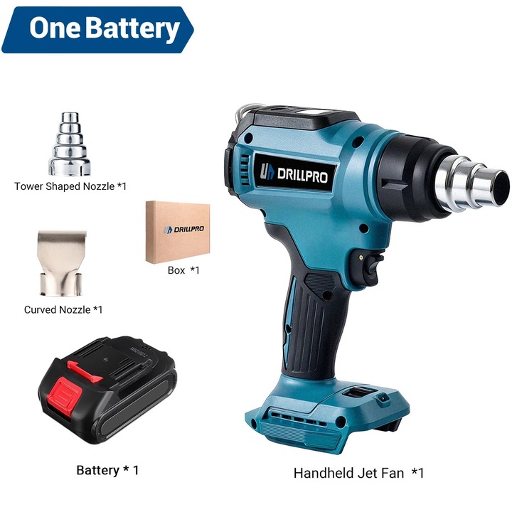 Пистолет за горещ въздух, Drillpro, регулируема температура, голям капацитет на въздуха, 1 батерия
