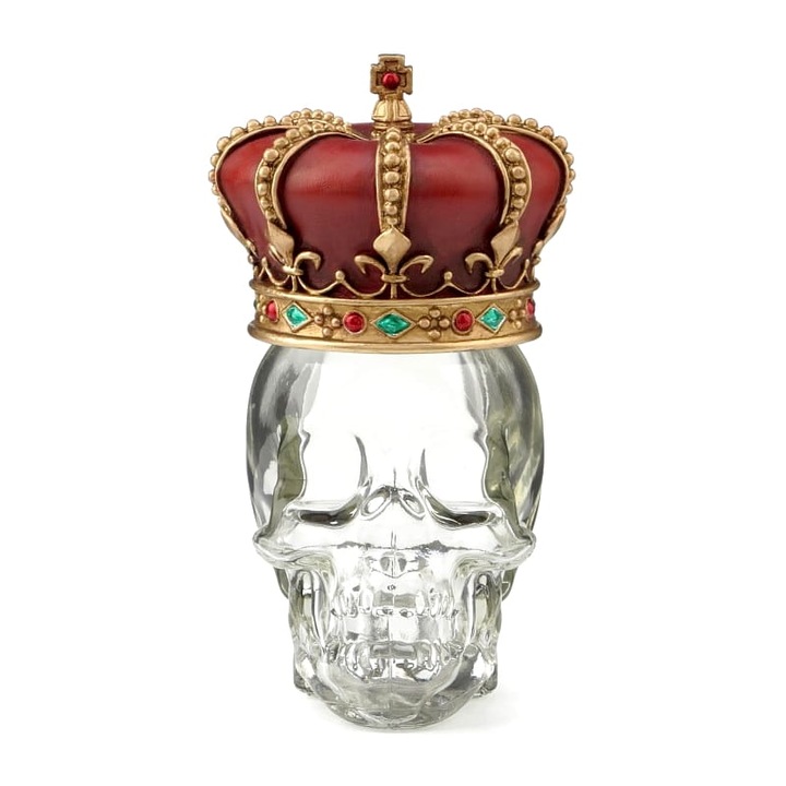 Carafa din sticla craniu cu coroana Veronese, 12,5x7,5cm, 100-150ml, transparenta, decorativa