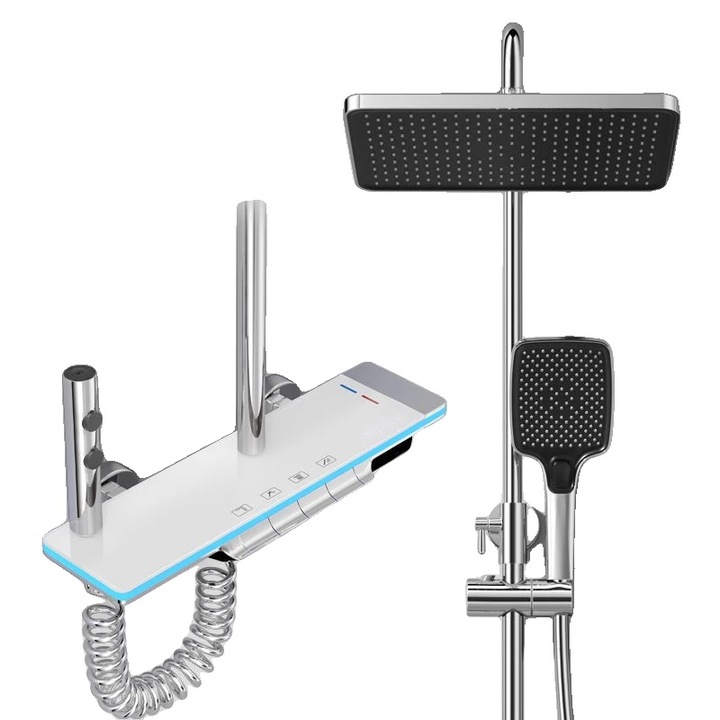 Coloana de dus cu afisaj digital, experienta de dus tip ploaie, alb cromat, montare pe perete