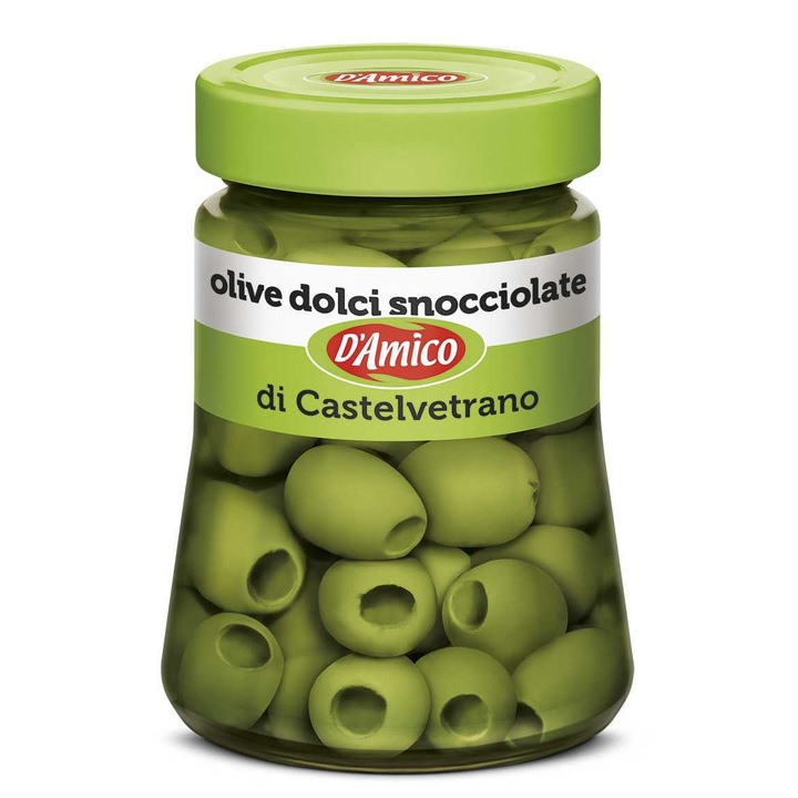 Masline verzi de Castelvetrano dulci, in saramura, fara samburi, fara gluten, Damico 290g
