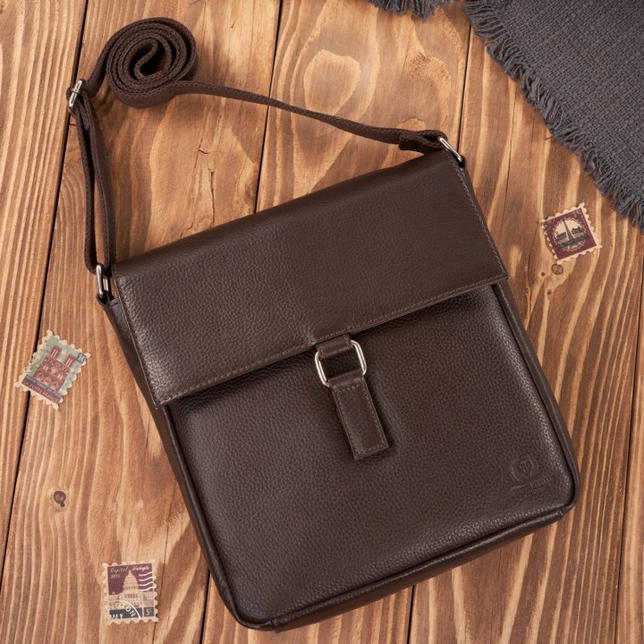 Geanta postasa din piele, T-125-BR, 6 compartimente, culoare brown, 30x26x7cm