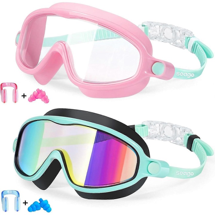 Комплект очила за плуване 2 броя, розови и сини огледални, за деца 3-14 години, анти-UV, против замъгляване