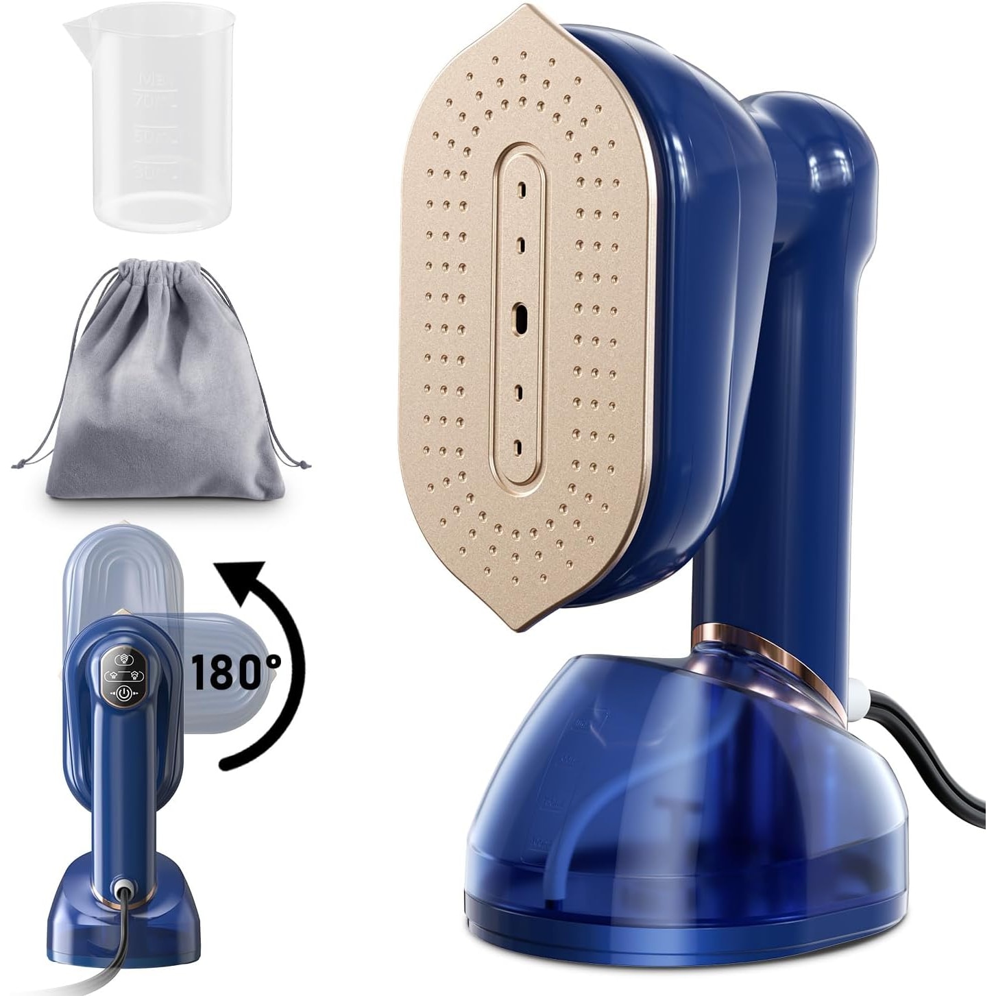 Aparat de calcat vertical portabil, Steamer de calatorie 2000W, debit de abur 22g/min, rezervor de apa 230ml, talpa metalica, cap reglabil 180°, calcare verticala si orizontala (2in1), -20sec Incalzire, 3 setari de abur, cu sac de depozitare .（albastru）