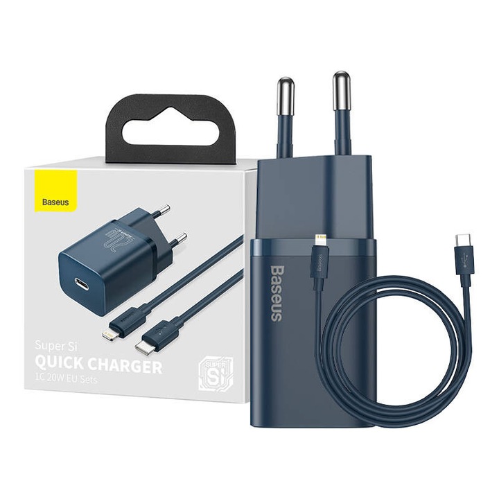 Incarcator rapid Baseus Super Si 1C 20W cu cablu USB-C la Lightning 1m, albastru, dimensiuni 78x28x34mm