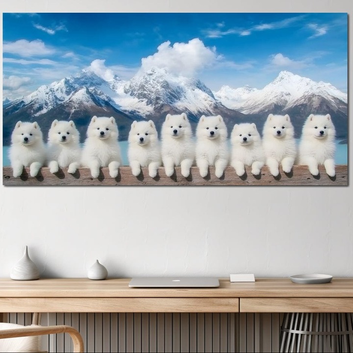 Tablou Canvas Premium, LuxCanva® M1270, Micutii Alpinisti, 50 X 100 CM, Panza Bumbac 100% 400g/m2, Sasiu Lemn, Peisaj, Munti, Catei, Pufosenii, Iarna, Zapada, Nori, Grup, Prieteni, Senin, Panorama, Natura, Birou, Living, Camera Copil