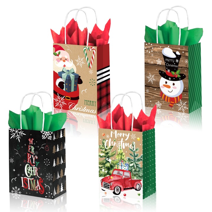 Set 30 Pungi Cadou de Craciun EZGETOP®, 22 x16x8 cm cu maner rasucit pentru ambalaje de tipul: cumparaturi, cadou, Multicolor