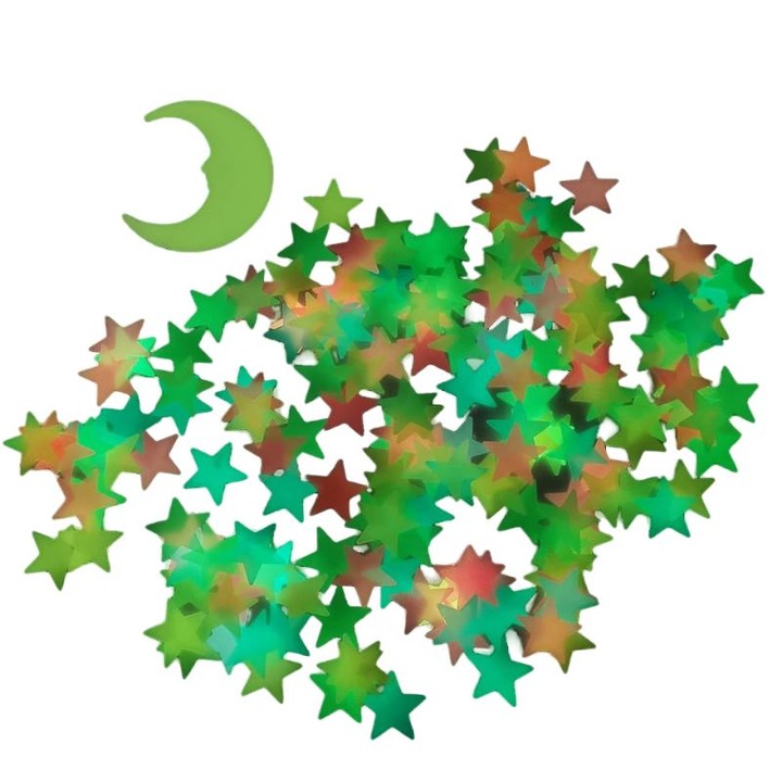 Комплект 3D декоративни стикери Amigo, 100 светещи звезди и 1 луна, 8 цвята, за таван, детска стая