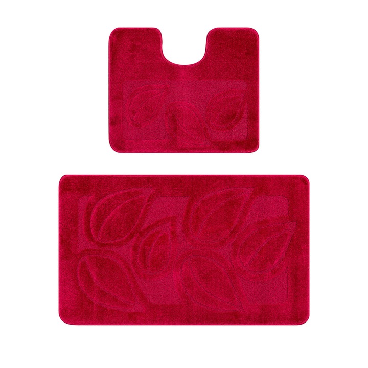 Комплект 2 килимчета за баня, Противоплъзгащи, Модел Covorexpert Flora 2577 Червено, Бордо, Размери 60 x 100 / 50 x 60 см