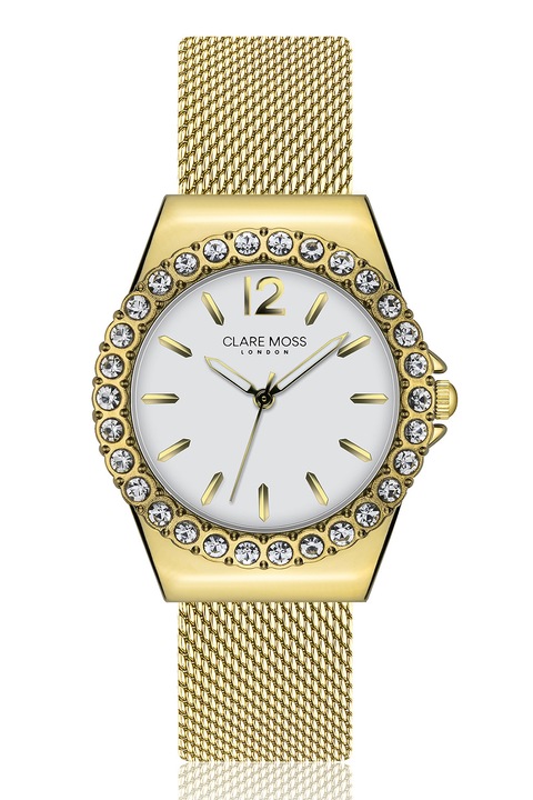 Clare Moss, Kerek karóra hálós fémszíjjal, Aranyszín