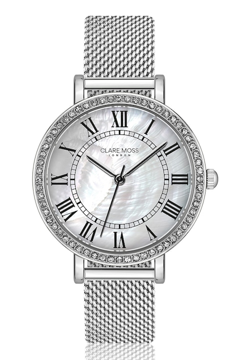Clare Moss, Symphony kerek karóra hálós fémszíjjal, Ezüstszín