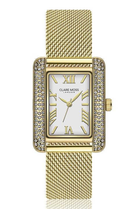 Clare Moss, C&M szögletes karóra hálós fémszíjjal, Aranyszín