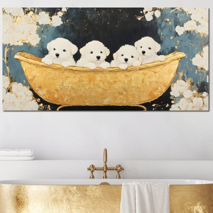 Tablou Canvas Premium, LuxCanva® M1271, Patru Pufuleti in Cada, 60 X 120 CM, Panza Bumbac 100% 400g/m2, Sasiu Lemn, Baie, Cada, Vintage, Auriu, Catelusi, Pufos, Marmura, Curat, Pictura, Grup, Joaca, Dragalas, Birou, Living, Camera Copil
