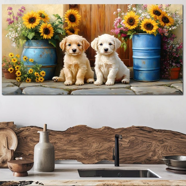 Tablou Canvas Premium, LuxCanva® M1274, Casuta Prieteniei, 50 X 100 CM, Panza Bumbac 100% 400g/m2, Sasiu Lemn, Veranda, Rustic, Floarea Soarelui, Copilarie, Natura, Curte, Catelusi, Dragalasi, Pui, Lumina, Birou, Living, Camera Copil