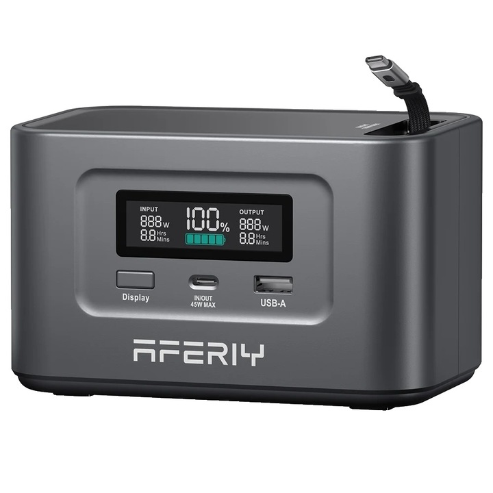Statie de alimentare portabila, AFERIY Nano100, capacitate mare, 2 porturi USB-C, 1 port USB-A, 99.2Wh, design compact