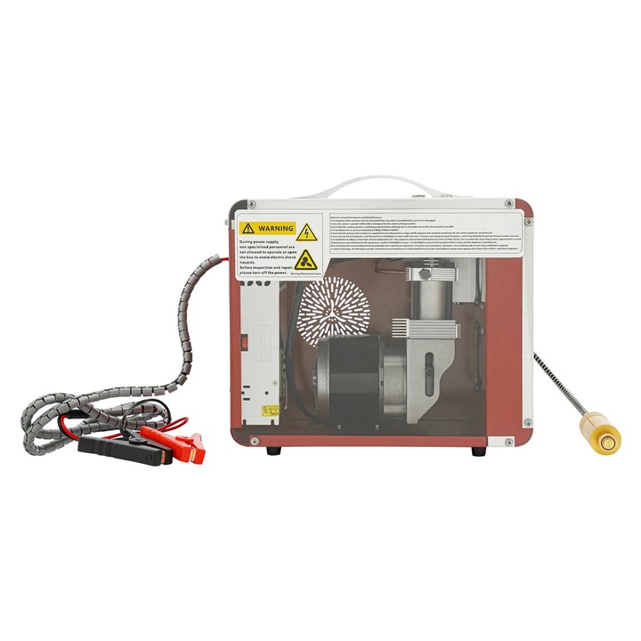 Compresor de aer, Pompa portabila de inalta presiune pentru butelii de scufundare si anvelope, 310 bar, 350 W, 12 V DC & 230 V AC, Afisaj LCD, Stecar UE, Rosu/Alb