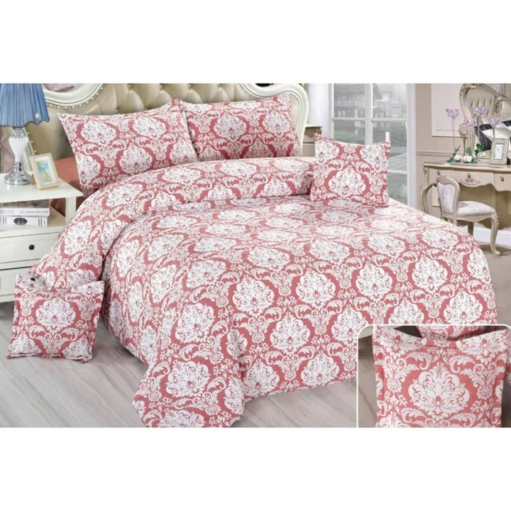 Lenjerie Pat Dublu, Bumbac Creponat Satinat, Elegant Abstract, 6 Piese, 2 Persoane, 230X250cm, Bicolor, Roz-Alb