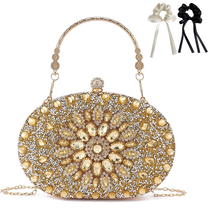 Елегантна чанта-клъч, вечерни чанти с кристали, с големи циркониеви кристали и верижки, подвижна верижка за рамо, дамски вечерни чанти за сватби, парти чанти, чанта с блестящи кристали и диаманти, златиста