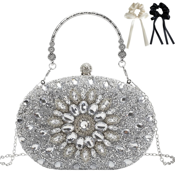 Елегантна чанта-клъч, вечерни чанти с кристали, с големи циркониеви кристали и верижки, подвижна верижка за рамо, дамски вечерни чанти за сватби, парти чанти, чанта с блестящи кристали и диаманти, сребърна