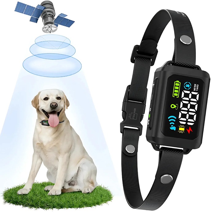 Felliner GPS elektromos nyakörv kutyáknak, intelligens láthatatlan kerítésrendszer rezgéssel és áramütéssel, 914m hatótávolság, színes LED kijelző, 800mAh akkumulátor, IPX7, alkalmazás, SIM vagy előfizetés nélkül, fekete