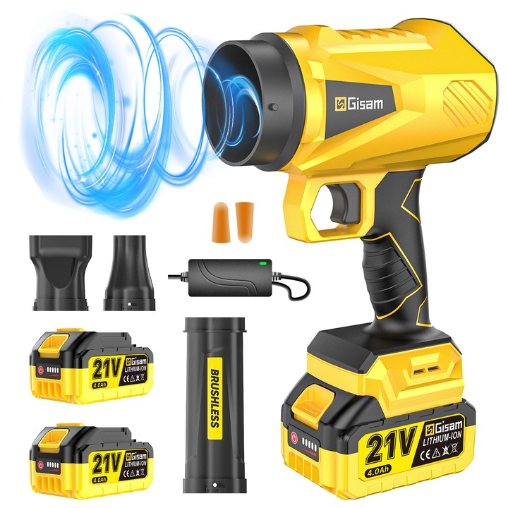 Többfunkciós Levegőfúvó, 2 db 21V 4.0Ah Li-Ion Akkumulátor Töltéssel, 25000 RPM Fordulatszám, Téli Használatra, Autóhoz, Hó- és Levéleltávolításra