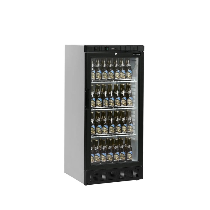 Vitrina frigorifica de prezentare TEFCOLD, SCU1220, H 131.5 cm, volum 190 litri, pentru baruri, magazine, hoteluri, benzinarii, temperatura reglabila 2-10°C, 3 rafturi, racire ventilata, usa reversibila, dezghetare automata, lumina interioara LED, negru