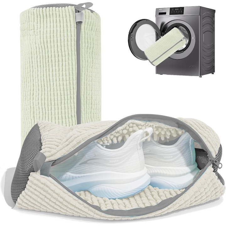 Set 2 Sac pentru spalat incaltamintea in masina de spalat, fibra moale pentru protectie incaltaminte, material rezistent, Curatare profunda la 360°, 39x19 cm, Alb