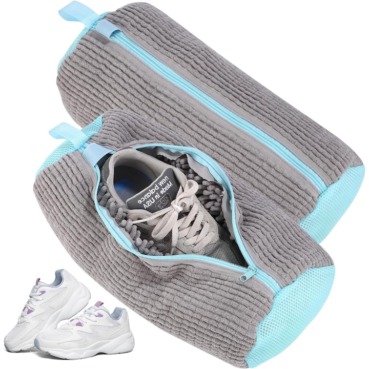 Set 2 Sac pentru spalat incaltamintea in masina de spalat, fibra moale pentru protectie incaltaminte, material rezistent, Curatare profunda la 360°, 39x19 cm, Gri