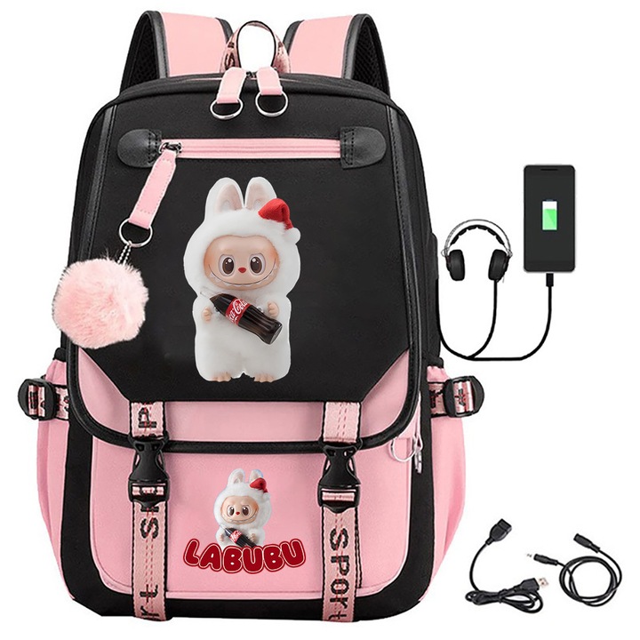 Раница Labubu, платнена, розова, голям капацитет, LBB-16, 46 X 16 X 29 см