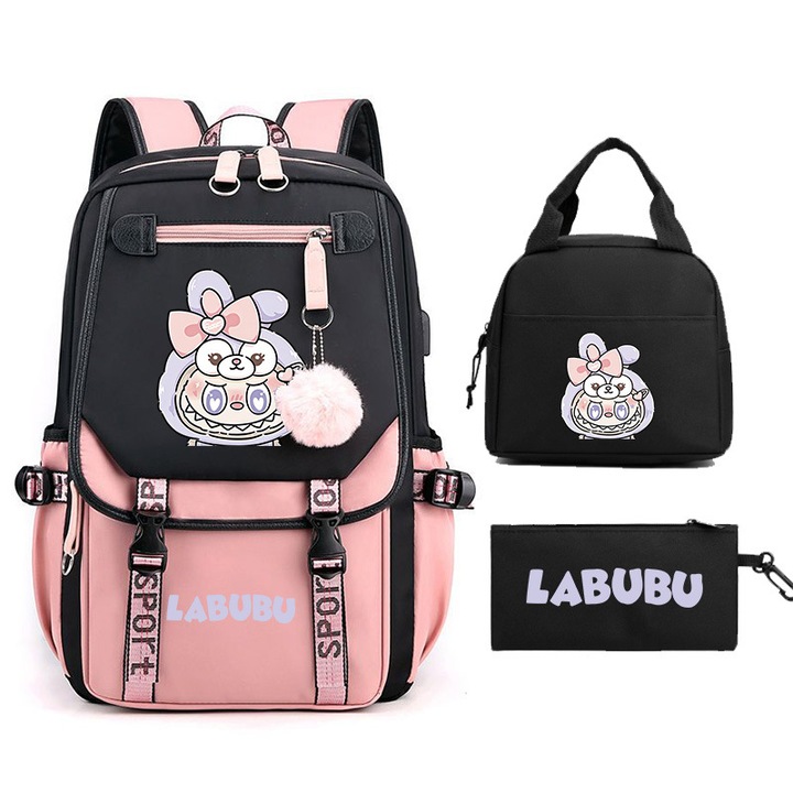 Раница Labubu, плат Оксфорд, розова, голям обем, LBB-22, 46 X 16 X 29 см