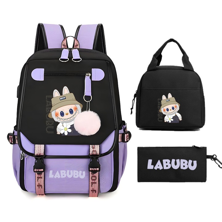 Раница Labubu, плат Оксфорд, розова, голям обем, LBB-26, 46 X 16 X 29 см