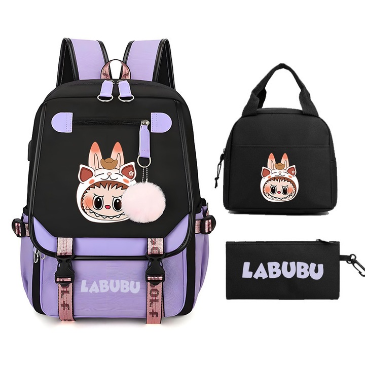 Раница Labubu, плат Оксфорд, розова, голям обем, LBB-27, 46 X 16 X 29 см